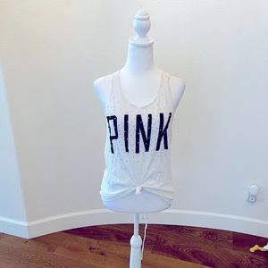 Victoria Secret PINK Rhinestone Bling Racerback Logo Tank Top (White) - Size XS